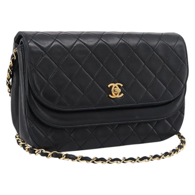 CHANEL Matelasse Chain Shoulder Bag Lamb Skin Black Gold CC Auth 203454V