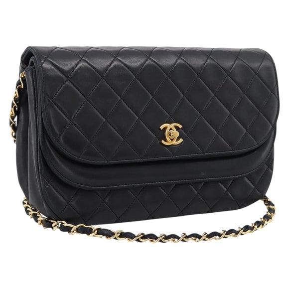 CHANEL Matelasse Chain Shoulder Bag Lamb Skin Black Gold CC Auth 203454V