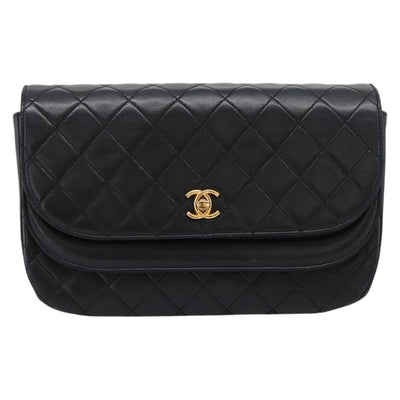 CHANEL Matelasse Chain Shoulder Bag Lamb Skin Black Gold CC Auth 203454V - 0