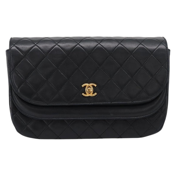CHANEL Matelasse Chain Shoulder Bag Lamb Skin Black Gold CC Auth 203454V