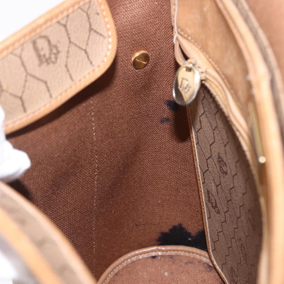 Christian Dior Honeycomb Canvas Shoulder Bag PVC Beige Gold Auth 203461