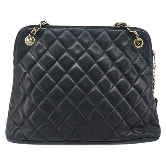 CHANEL Matelasse Chain Shoulder Bag Lamb Skin Black Gold CC Auth 203481V