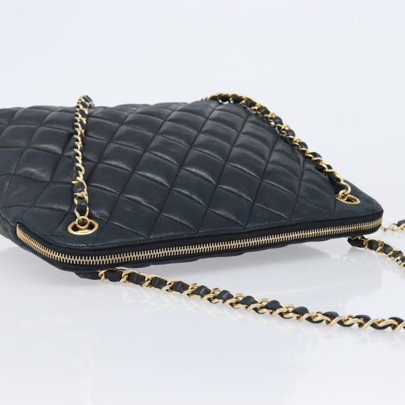 CHANEL Matelasse Chain Shoulder Bag Lamb Skin Black Gold CC Auth 203481V