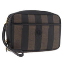 FENDI Pecan Clutch Bag PVC Leather Brown Gold Tone Auth 203483V-1