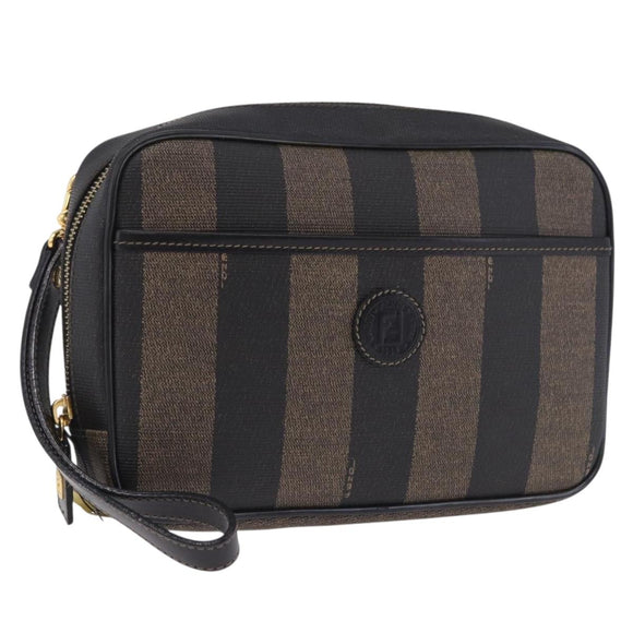 FENDI Pecan Clutch Bag PVC Leather Brown Gold Tone Auth 203483V