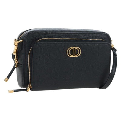 Christian Dior Karo Double Pouch Shoulder Bag Leather Black Gold Auth 203485M