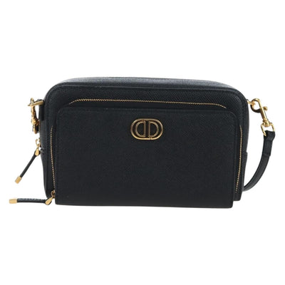 Christian Dior Karo Double Pouch Shoulder Bag Leather Black Gold Auth 203485M - 0