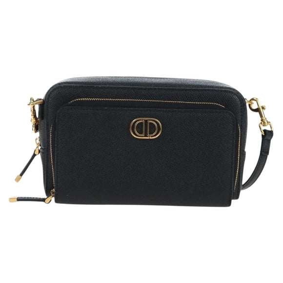Christian Dior Karo Double Pouch Shoulder Bag Leather Black Gold Auth 203485M