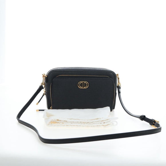 Christian Dior Karo Double Pouch Shoulder Bag Leather Black Gold Auth 203485M
