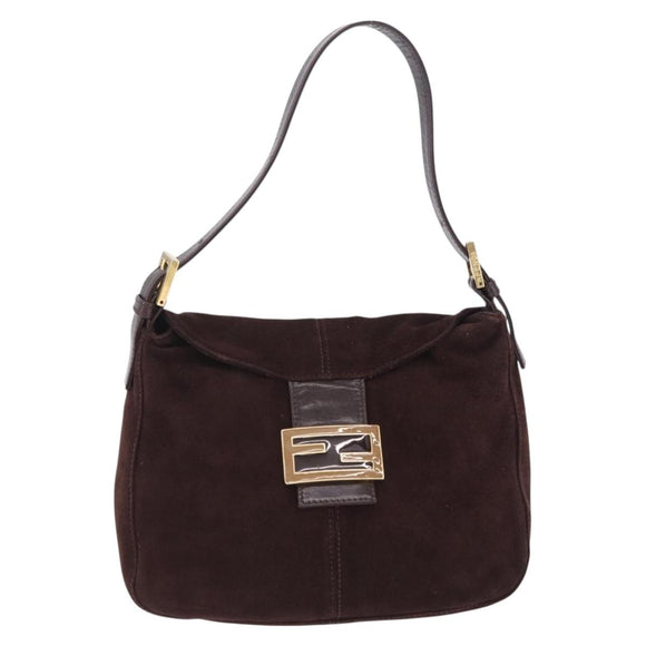 FENDI Mamma Baguette Shoulder Bag Suede Brown Gold Auth 203494V