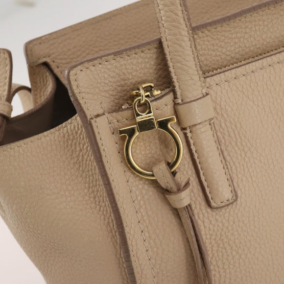 Salvatore Ferragamo Gancini Hand Bag Leather 2way Beige Gold Auth 203581