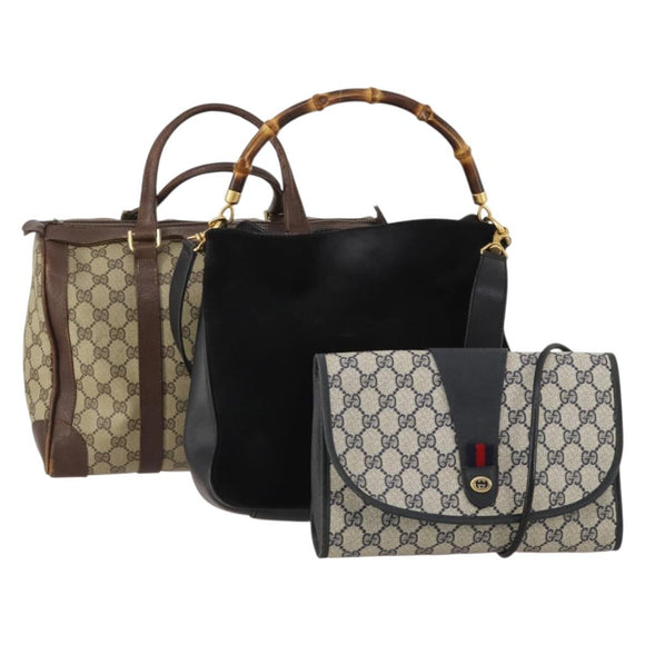 GUCCI GG Supreme Sherry Line Bag PVC Suede 3 Set Beige Black Navy Auth 203591