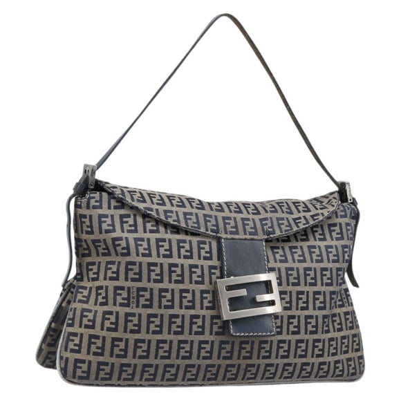FENDI Zucchino Canvas Mamma Baguette Shoulder Bag Navy Silver Auth 203602