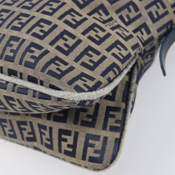 FENDI Zucchino Canvas Mamma Baguette Shoulder Bag Navy Silver Auth 203602