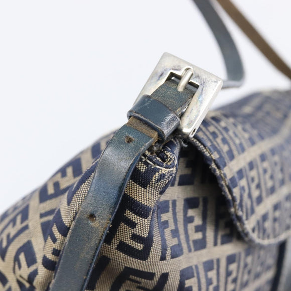 FENDI Zucchino Canvas Mamma Baguette Shoulder Bag Navy Silver Auth 203602