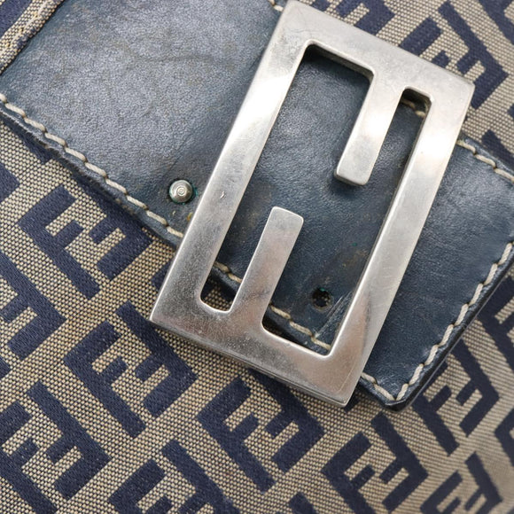 FENDI Zucchino Canvas Mamma Baguette Shoulder Bag Navy Silver Auth 203602