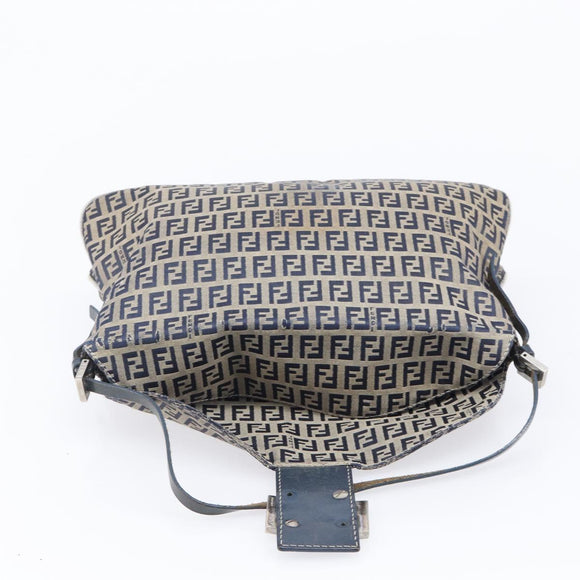 FENDI Zucchino Canvas Mamma Baguette Shoulder Bag Navy Silver Auth 203602