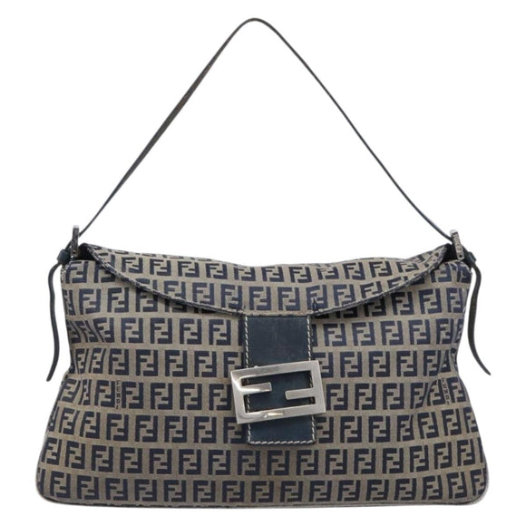 FENDI Zucchino Canvas Mamma Baguette Shoulder Bag Navy Silver Auth 203602