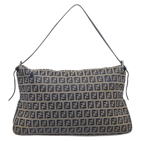 FENDI Zucchino Canvas Mamma Baguette Shoulder Bag Navy Silver Auth 203602