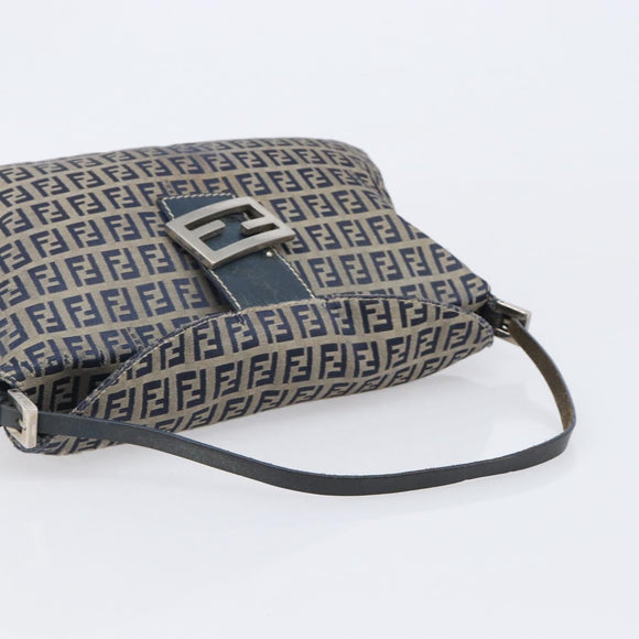 FENDI Zucchino Canvas Mamma Baguette Shoulder Bag Navy Silver Auth 203602