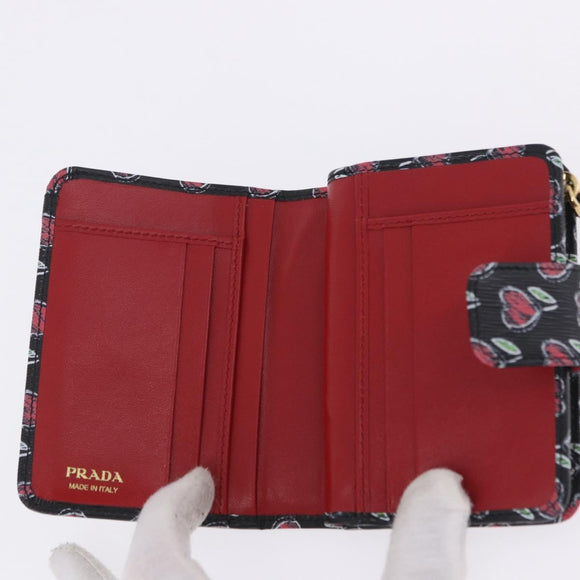 PRADA Compact Wallet Leather Black Gold Auth 203694M