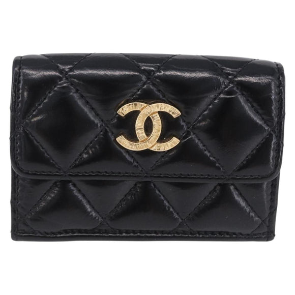 CHANEL Matelasse Compact Wallet Patent Leather Black Gold CC Auth 203711M