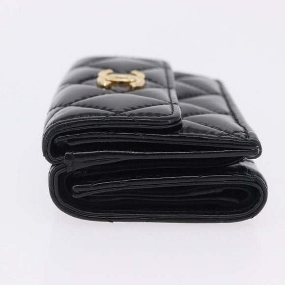 CHANEL Matelasse Compact Wallet Patent Leather Black Gold CC Auth 203711M