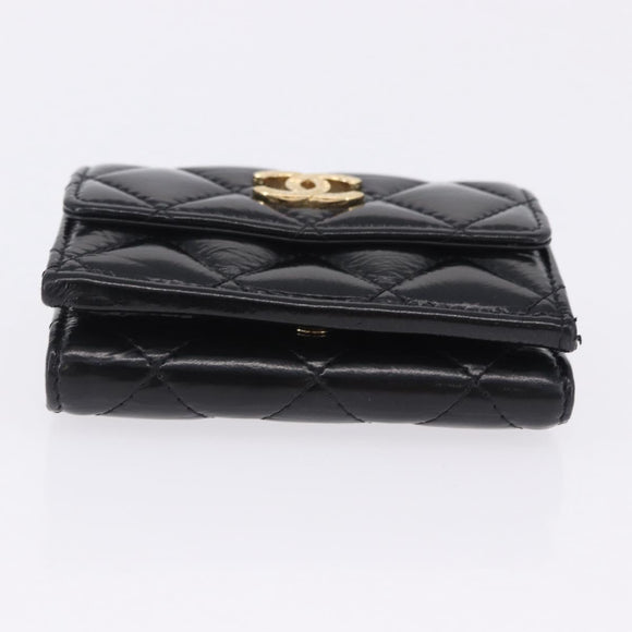 CHANEL Matelasse Compact Wallet Patent Leather Black Gold CC Auth 203711M
