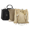 GUCCI GG Canvas Hand Bag Leather 3 Set Beige Black Ivory Auth 203741-1