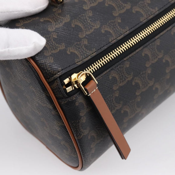 CELINE Macadam Canvas Triomphe Cylinder Bag PVC 2way Brown Gold Auth 203772SAM
