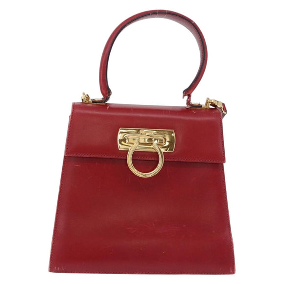 Salvatore Ferragamo Gancini Hand Bag Leather 2way Red Gold Auth 203776