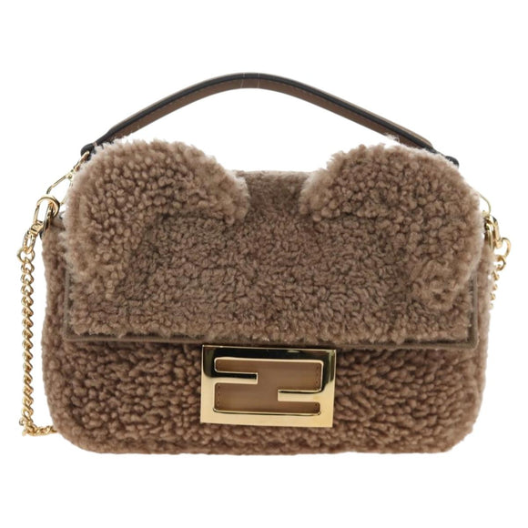FENDI Baguette Shoulder Bag Shearing 2way Beige Gold Auth 203787SAM