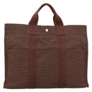 HERMES Her Line Tote MM Tote Bag Canvas Brown Silver Auth 203788-2