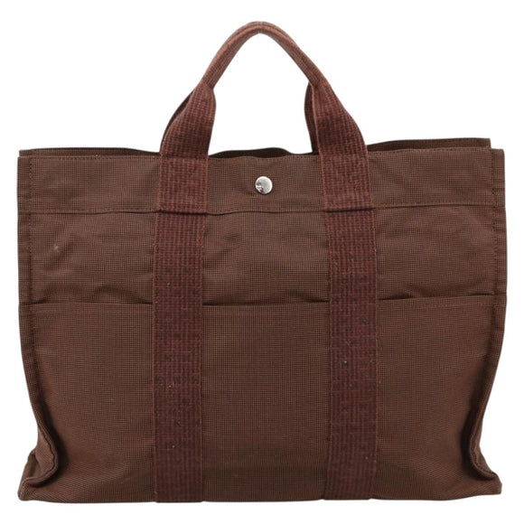 HERMES Her Line Tote MM Tote Bag Canvas Brown Silver Auth 203788
