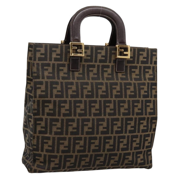 FENDI Zucca Canvas Hand Bag Black Brown Auth 203801V