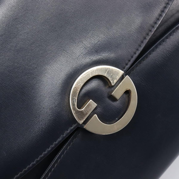 GUCCI Hand Bag Leather Navy Gold Auth 203834