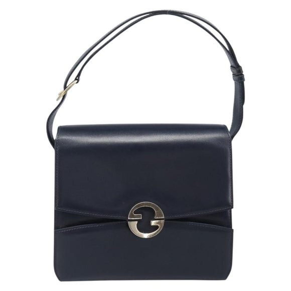 GUCCI Hand Bag Leather Navy Gold Auth 203834