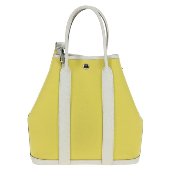 HERMES Garden File 28 Hand Bag Canvas 2way Yellow Silver Auth 203841SAV