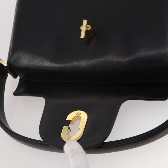 GUCCI Hand Bag Leather Black Gold Auth 203849