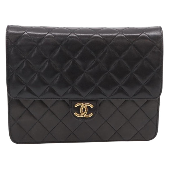 CHANEL Matelasse Chain Shoulder Bag Lamb Skin Black Gold Tone CC Auth 203853SAV