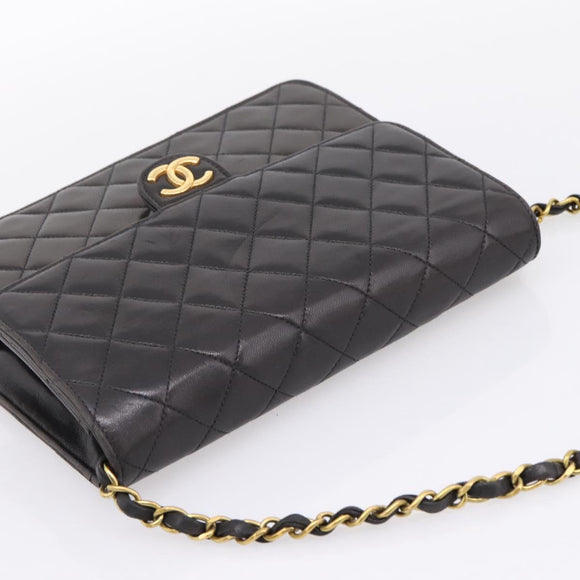 CHANEL Matelasse Chain Shoulder Bag Lamb Skin Black Gold Tone CC Auth 203853SAV