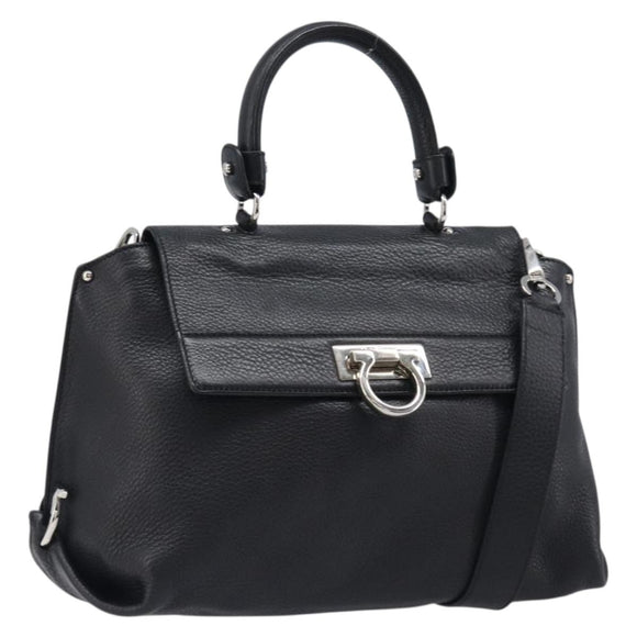 Salvatore Ferragamo Sofia Gancini Bag Leather 2way Black Silver Auth 203870V