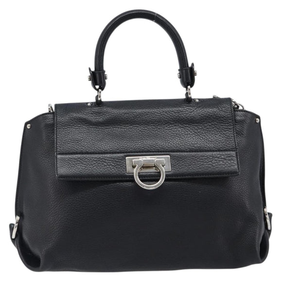 Salvatore Ferragamo Sofia Gancini Bag Leather 2way Black Silver Auth 203870V