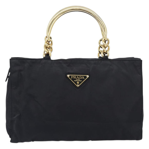 PRADA Metal Handle Hand Bag Nylon Black Gold Auth 203873