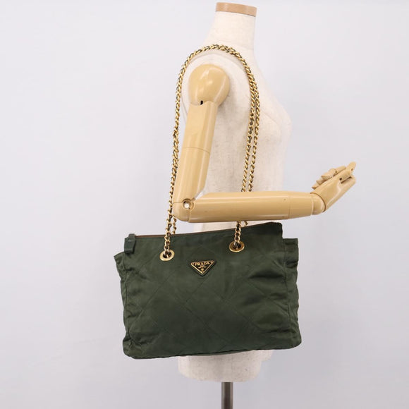 PRADA Chain Shoulder Bag Nylon Khaki Gold Auth 203875