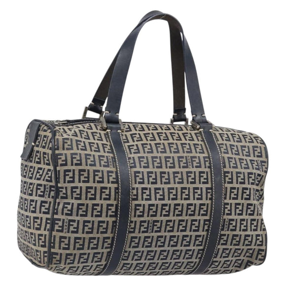 FENDI Zucchino Canvas Boston Bag Navy Silver Auth 203884
