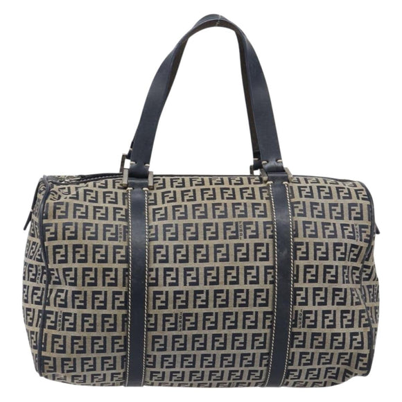 FENDI Zucchino Canvas Boston Bag Navy Silver Auth 203884