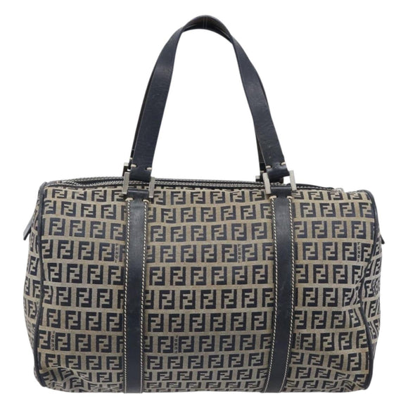 FENDI Zucchino Canvas Boston Bag Navy Silver Auth 203884