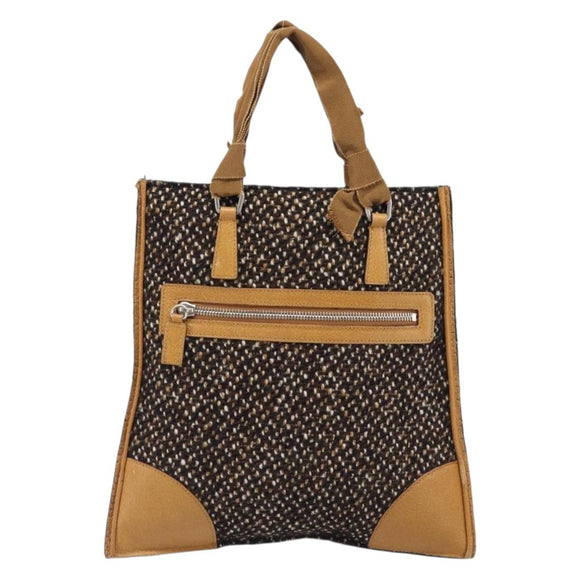 PRADA Hand Bag Leather Tweed Brown Silver Auth 203885A