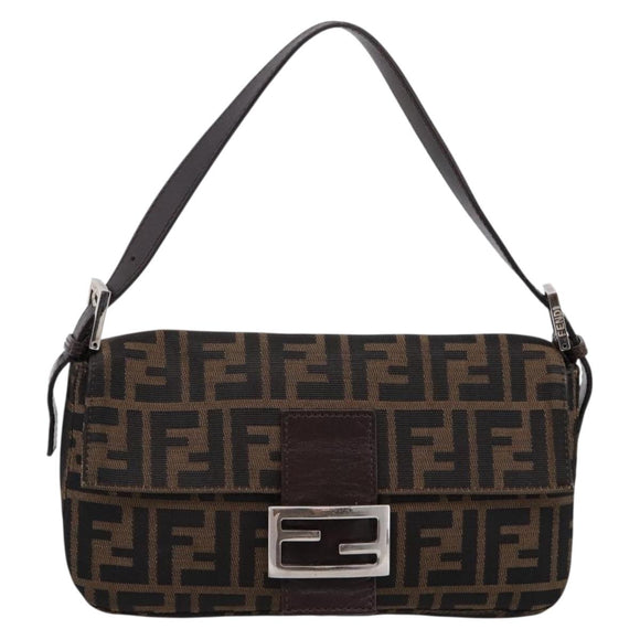 FENDI Zucca Canvas Mamma Baguette Shoulder Bag Black Brown Auth 203886V